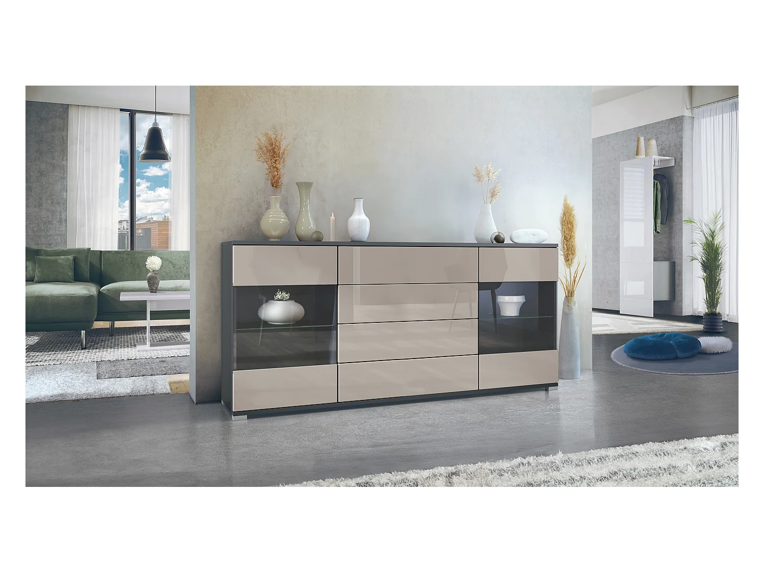 Buffet Bari V2 – Meuble avec 2 Grandes Portes et 4 Tiroirs, anthracite mat/gris sable haute brillance (166,5 x 75,5 x 35)