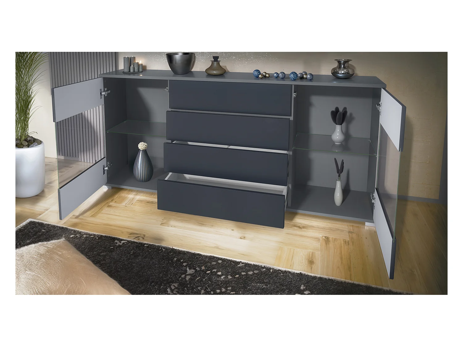 Buffet Bari V2 – Meuble avec 2 Grandes Portes et 4 Tiroirs, anthracite mat/gris sable haute brillance (166,5 x 75,5 x 35)