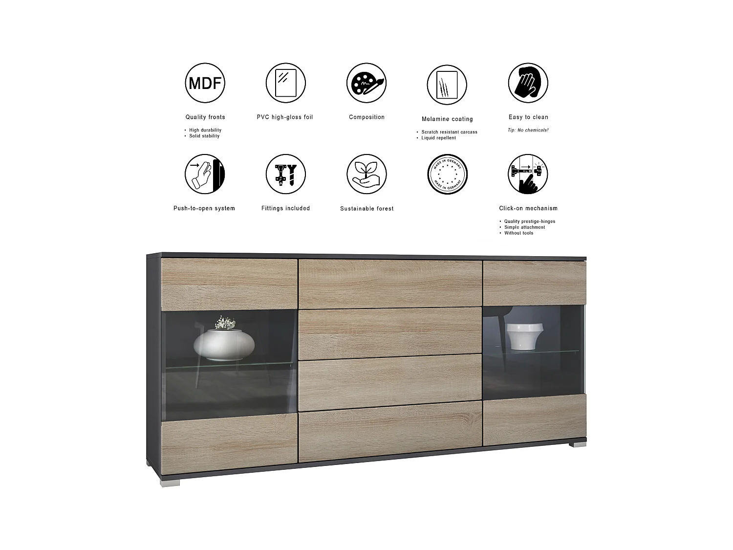 Buffet Bari V2 – Meuble avec 2 Grandes Portes et 4 Tiroirs, anthracite mat/gris sable haute brillance (166,5 x 75,5 x 35)