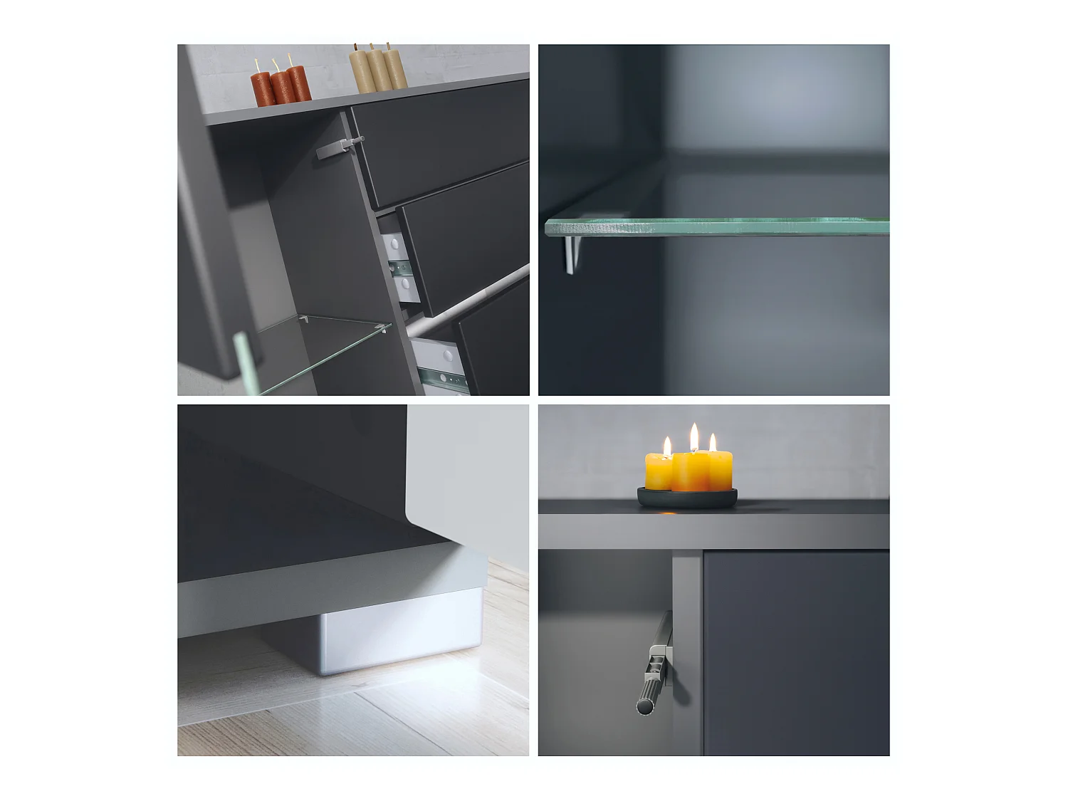 Buffet Bari V2 – Meuble avec 2 Grandes Portes et 4 Tiroirs, anthracite mat/gris sable haute brillance (166,5 x 75,5 x 35)