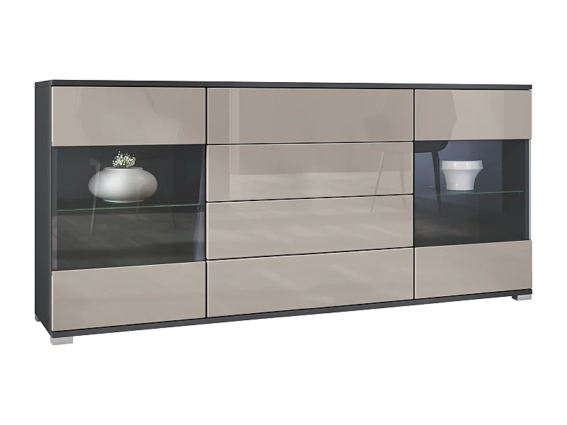 Buffet Bari V2 – Meuble avec 2 Grandes Portes et 4 Tiroirs, anthracite mat/gris sable haute brillance (166,5 x 75,5 x 35)