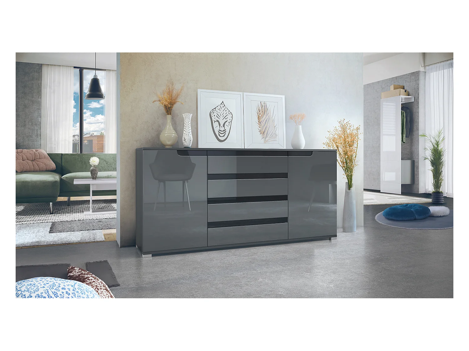 Buffet Sylt V2, Commode avec 2 Portes et 4 Tiroirs, Corps - anthracite mat / Façade - gris haute brillance / Détails - noir haute brillance (166,5 x 75,5 x 35 cm)