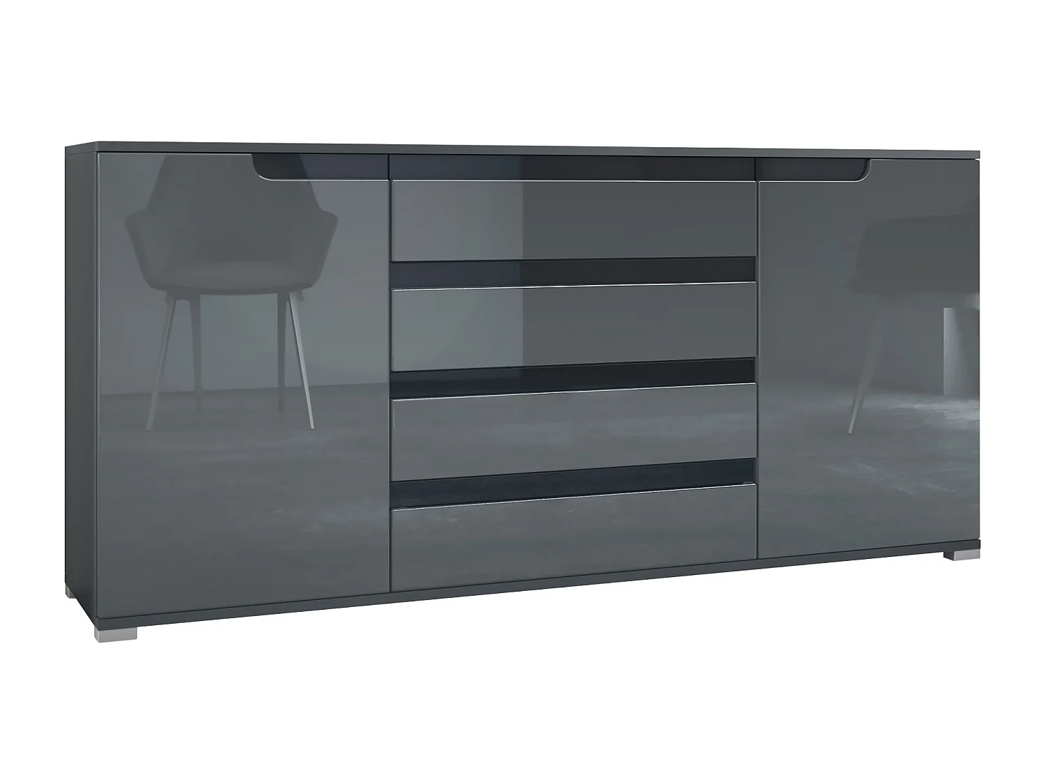 Credenza Sylt V2, Comò con 2 Ante e 4 Cassetti, Struttura - antracite opaco  / Frontale - grigio lucido / Dettagli - nero lucido (166,5 x 75,5 x 35 cm)