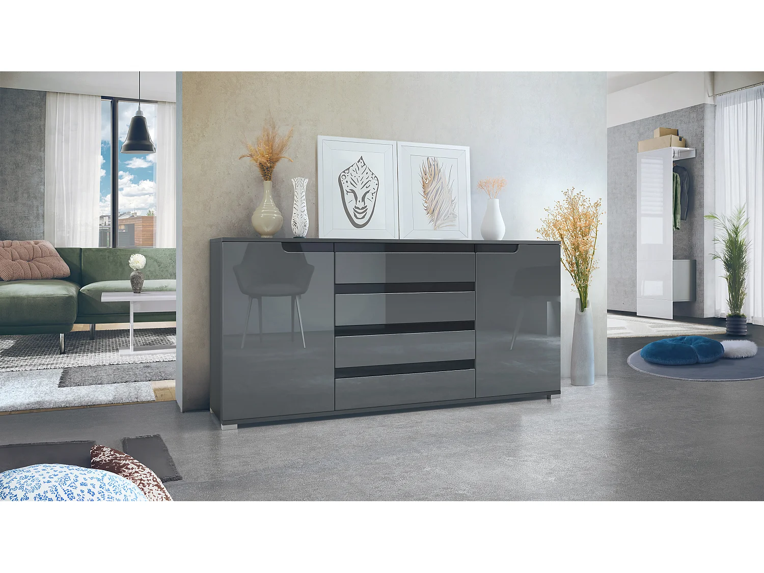 Credenza Sylt V2, Comò con 2 Ante e 4 Cassetti, Struttura - antracite opaco  / Frontale - grigio lucido / Dettagli - nero lucido (166,5 x 75,5 x 35 cm)