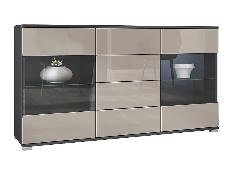 Buffet Bari V1 – Meuble avec 2 Grandes Portes et 4 Tiroirs, anthracite mat/gris sable haute brillance (138,5 x 75,5 x 35)