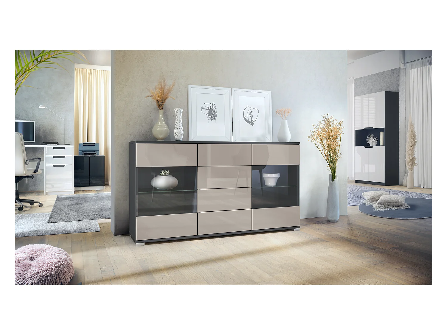 Buffet Bari V1 – Meuble avec 2 Grandes Portes et 4 Tiroirs, anthracite mat/gris sable haute brillance (138,5 x 75,5 x 35)