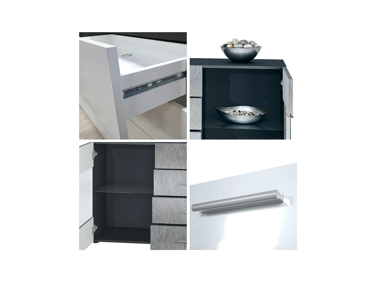 Buffet Bari V1 – Meuble avec 2 Grandes Portes et 4 Tiroirs, anthracite mat/gris sable haute brillance (138,5 x 75,5 x 35)