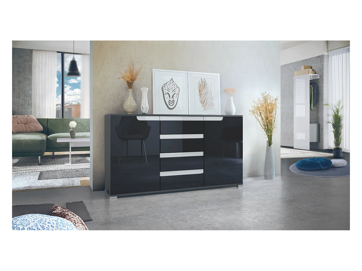 Buffet Dressoir Sylt, Corps en Noir mat / Façades en noir haute brillance avec un decor en blanc haute brillance (139 x 72 x 35)