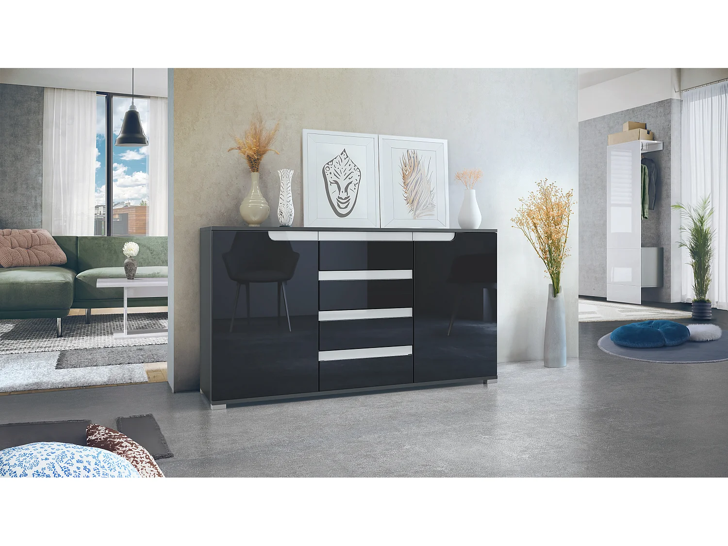 Buffet Dressoir Sylt, Corps en Noir mat / Façades en noir haute brillance avec un decor en blanc haute brillance (139 x 72 x 35)