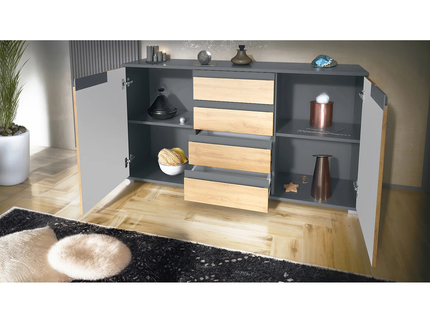 Credenza Cassettiera Sylt, struttura in nero opaco / frontale in nero lucido con compensazioni in bianco lucido (139 x 72 x 35)