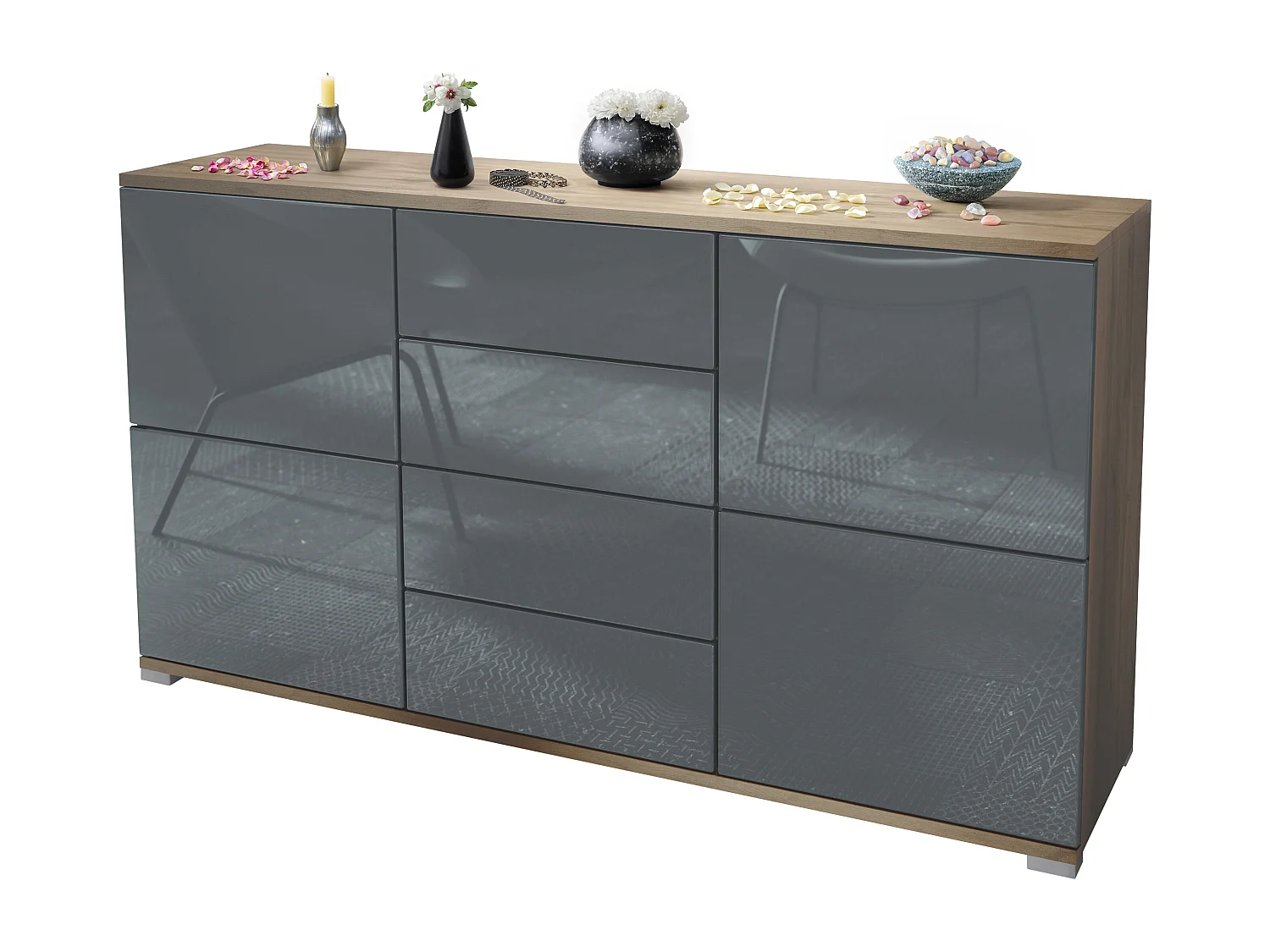 Buffet Rova V1 – Meuble avec 4 Portes et 4 Tiroirs, Chêne Evoke/gris haute brillance (138,5 x 75,5 x 35)