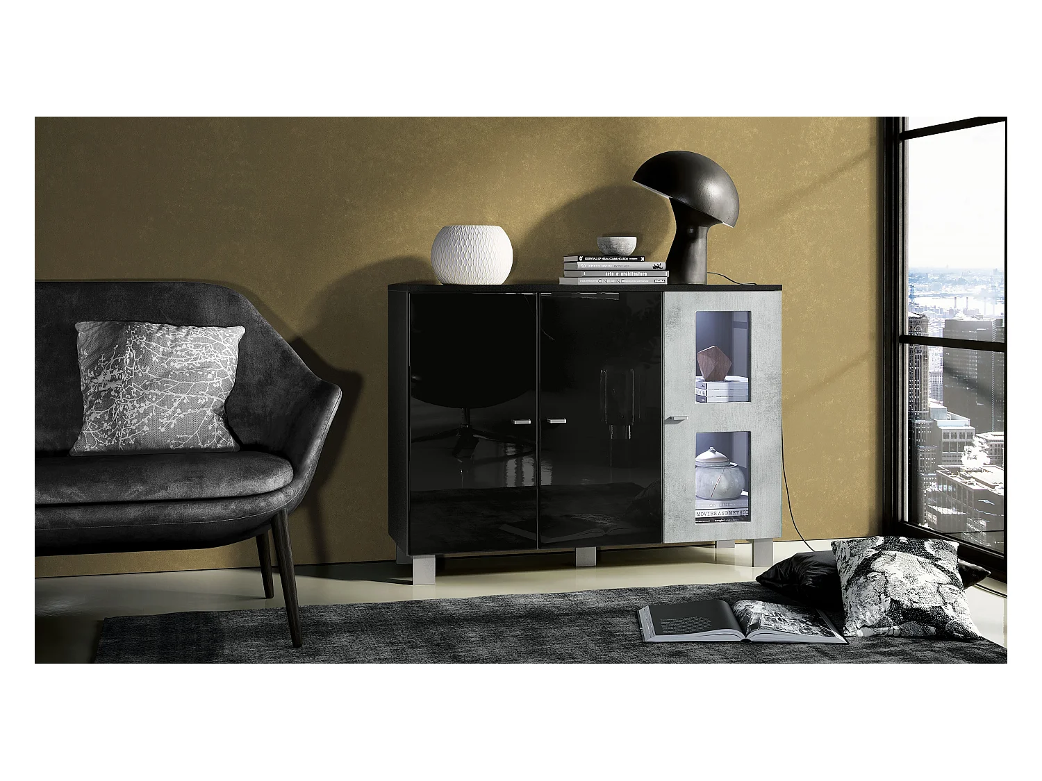 Buffet Denjo, Commode avec 3 portes, Noir mat/Noir haute brillance/Aspect Béton Oxyde, éclairage LED inclus (107 x 81 x 35 cm)