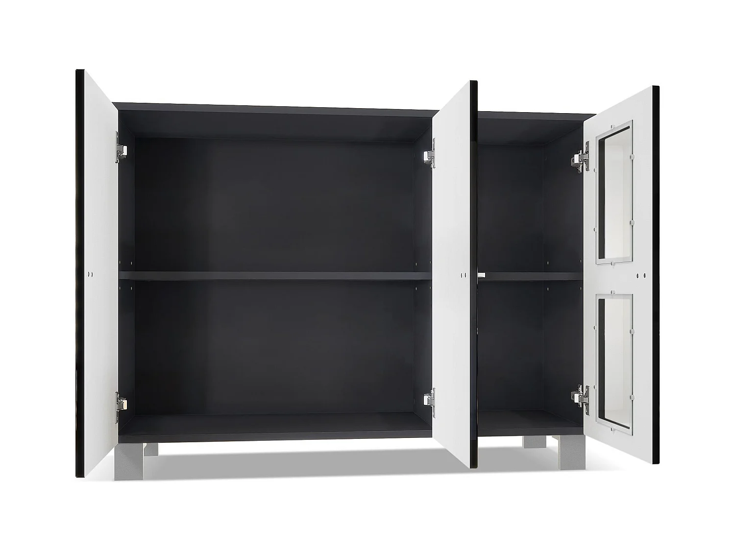 Buffet Denjo, Commode avec 3 portes, Noir mat/Noir haute brillance/Aspect Béton Oxyde, éclairage LED inclus (107 x 81 x 35 cm)