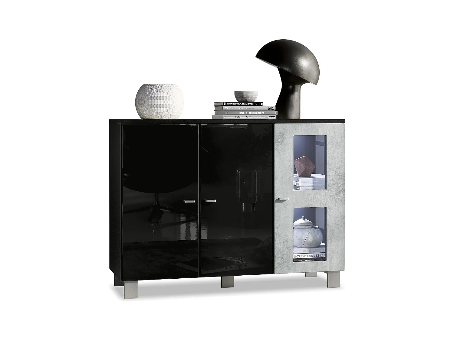 Buffet Denjo, Commode avec 3 portes, Noir mat/Noir haute brillance/Aspect Béton Oxyde, éclairage LED inclus (107 x 81 x 35 cm)