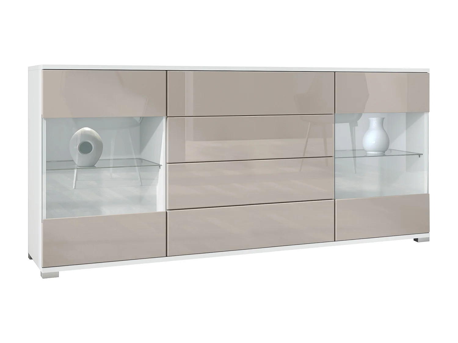 Buffet Bari V2 – Meuble avec 2 Grandes Portes et 4 Tiroirs, blanc mat/gris sable haute brillance (166,5 x 75,5 x 35)