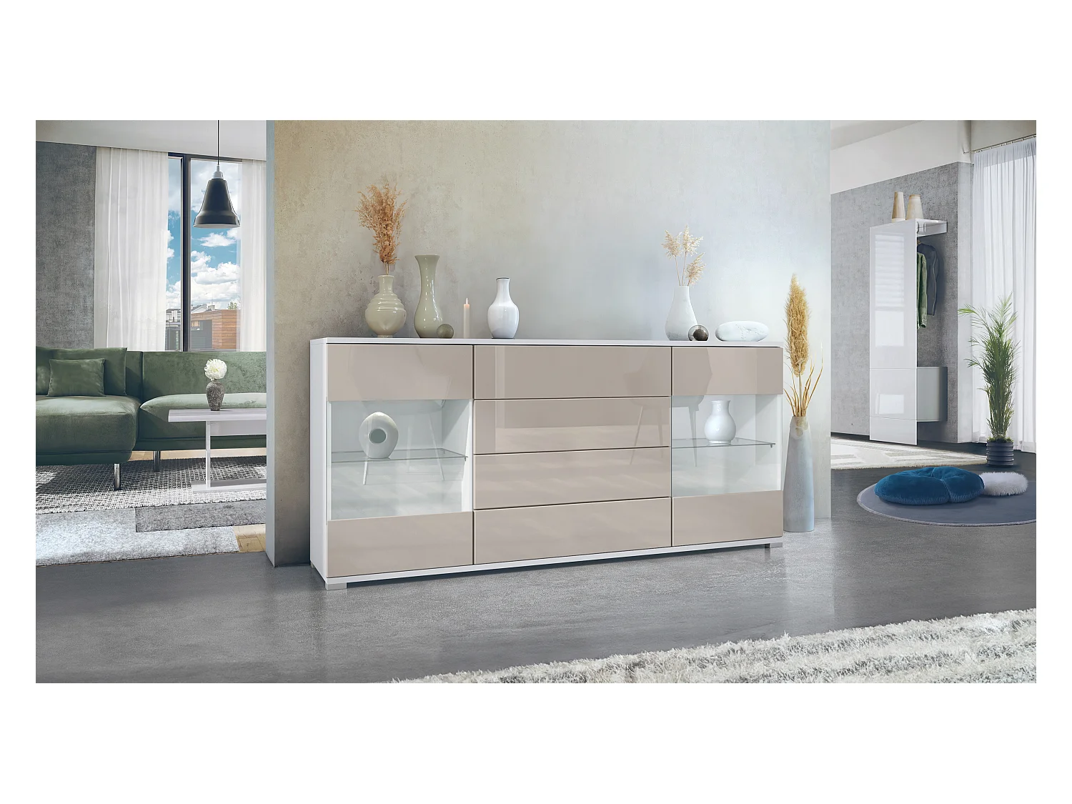Buffet Bari V2 – Meuble avec 2 Grandes Portes et 4 Tiroirs, blanc mat/gris sable haute brillance (166,5 x 75,5 x 35)