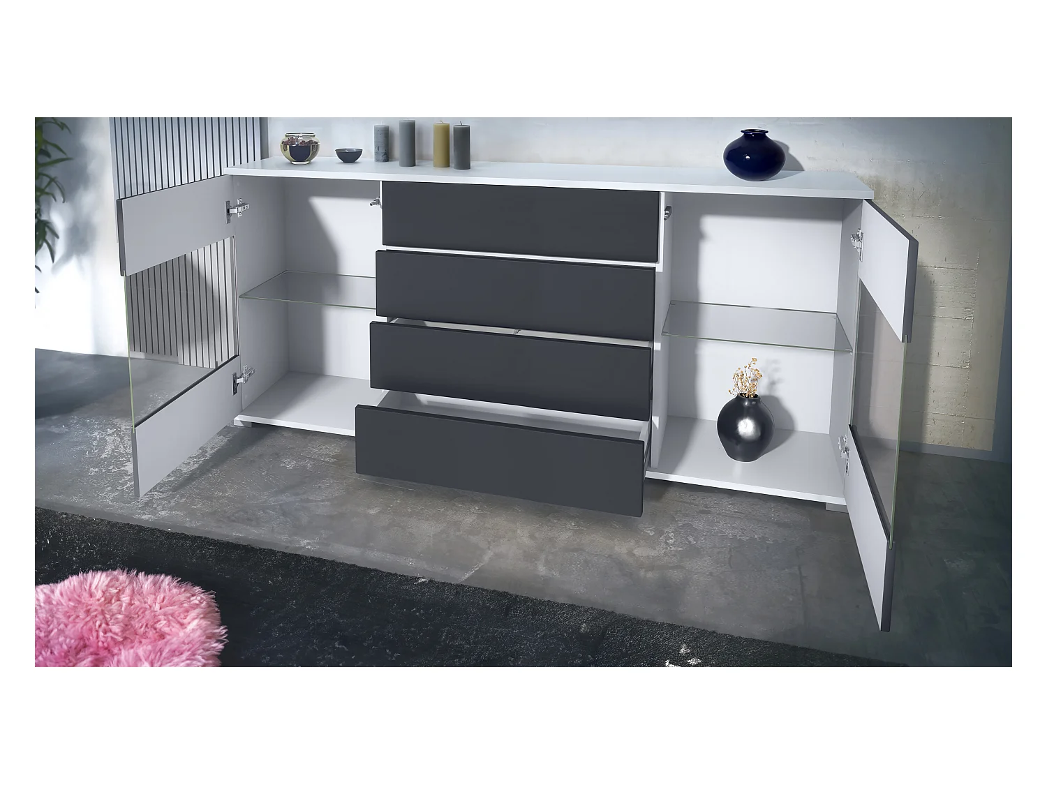 Buffet Bari V2 – Meuble avec 2 Grandes Portes et 4 Tiroirs, blanc mat/gris sable haute brillance (166,5 x 75,5 x 35)