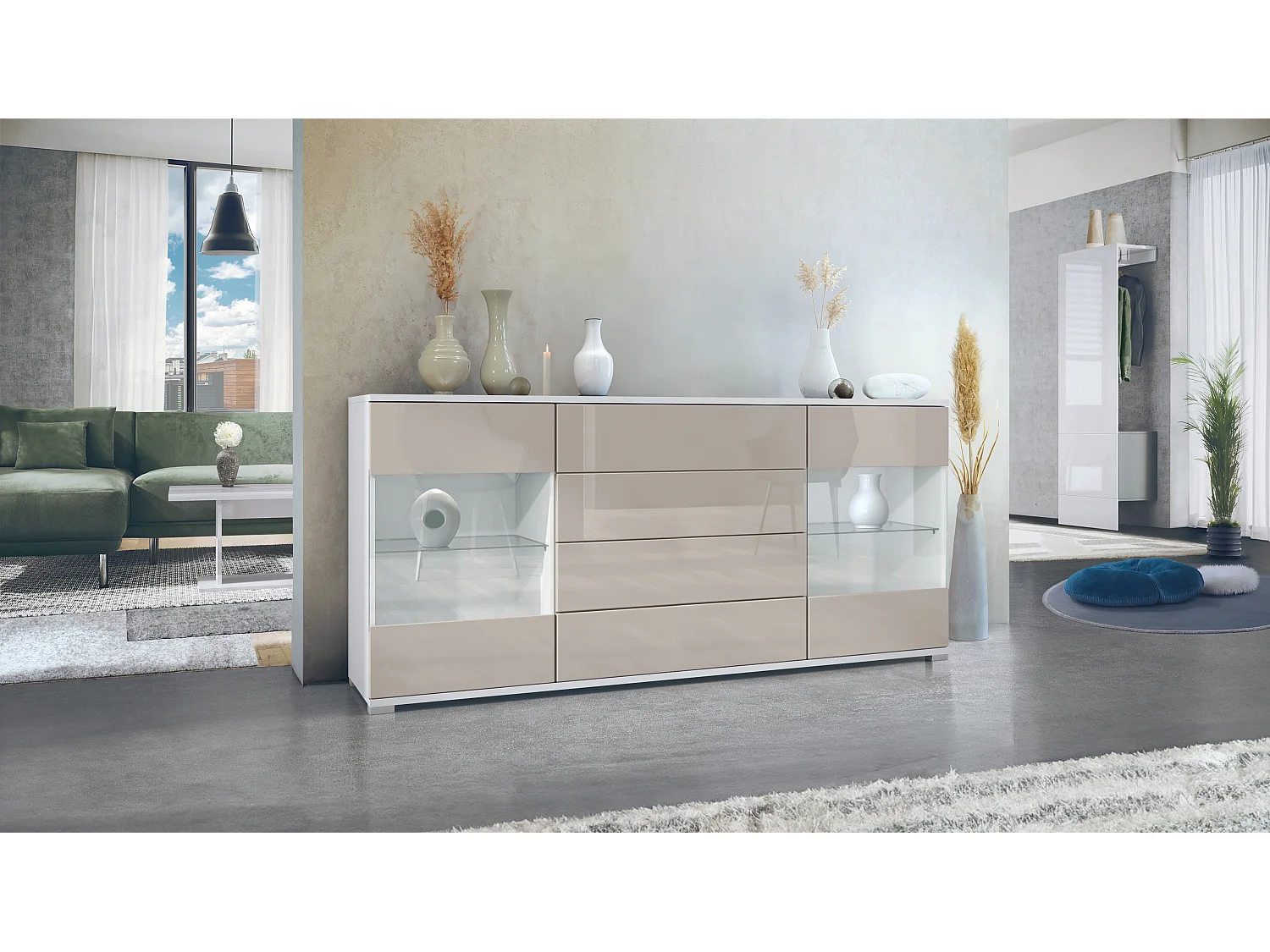 Buffet Bari V2 – Meuble avec 2 Grandes Portes et 4 Tiroirs, blanc mat/gris sable haute brillance (166,5 x 75,5 x 35)