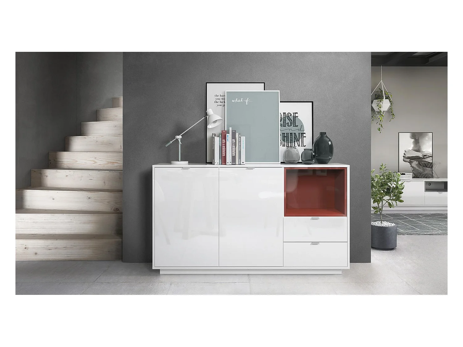 Buffet Armoire Metro, Corps en Blanc haute brillance / Façades en Blanc haute brillance avec une insertion en Bordeaux haute brillance, incl. L'éclairage LED