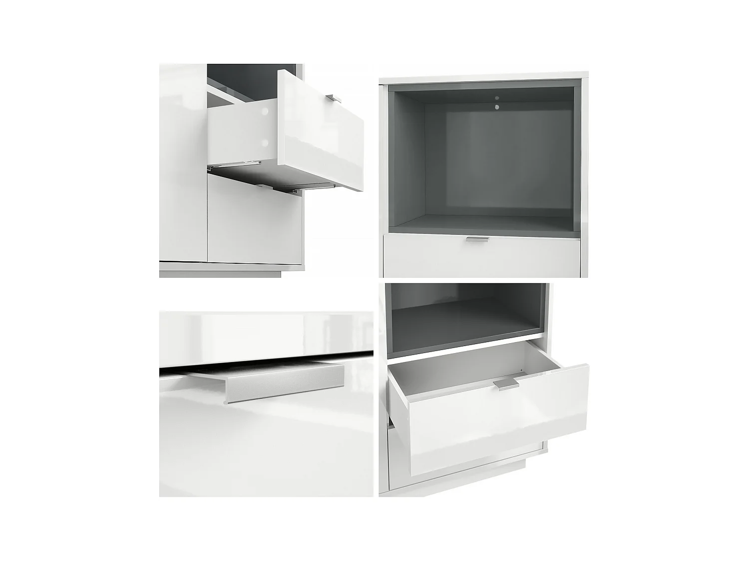 Buffet Armoire Metro, Corps en Blanc haute brillance / Façades en Blanc haute brillance avec une insertion en Bordeaux haute brillance, incl. L'éclairage LED