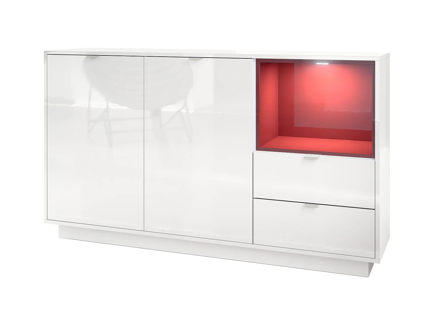 Buffet Armoire Metro, Corps en Blanc haute brillance / Façades en Blanc haute brillance avec une insertion en Bordeaux haute brillance, incl. L'éclairage LED