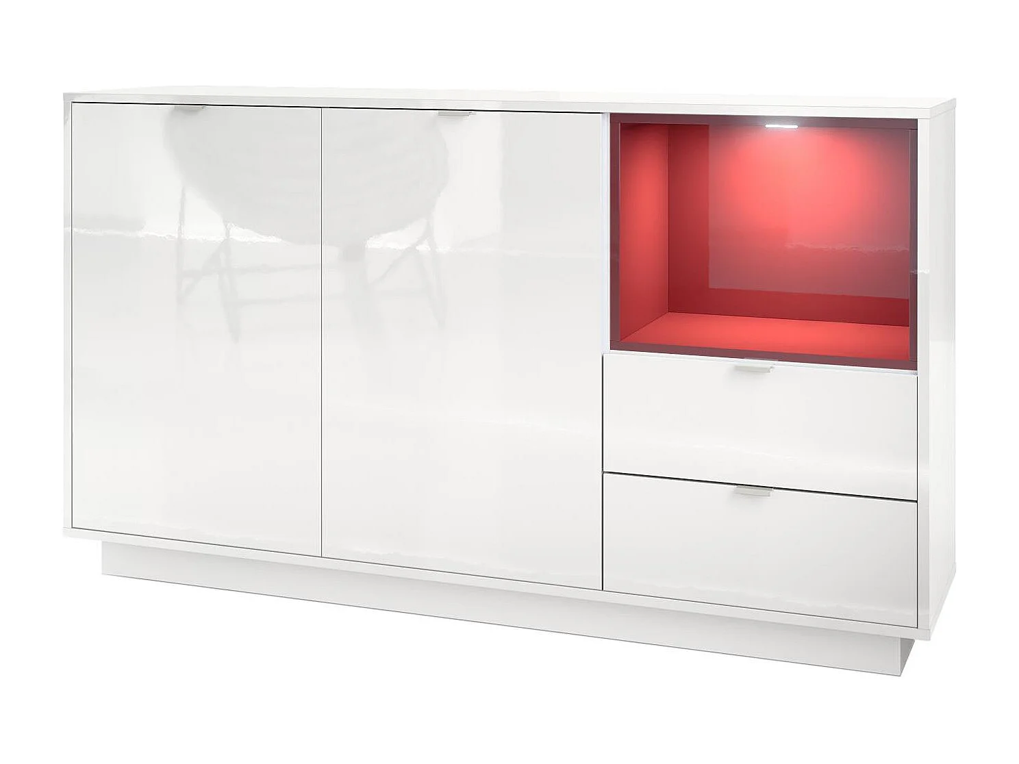 Credenza Metro, struttura in bianco lucido / frontale in bianco lucido con inserto in bordeaux lucido, illuminazione a LED inclusa.