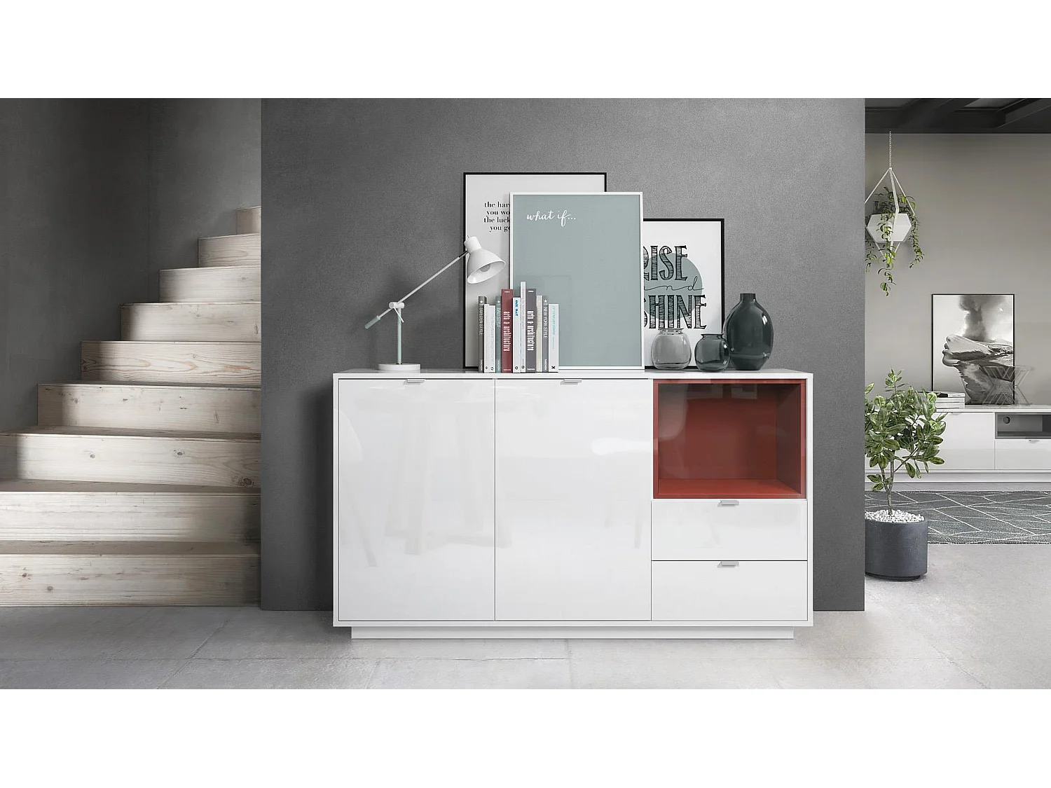 Credenza Metro, struttura in bianco lucido / frontale in bianco lucido con inserto in bordeaux lucido, illuminazione a LED inclusa.