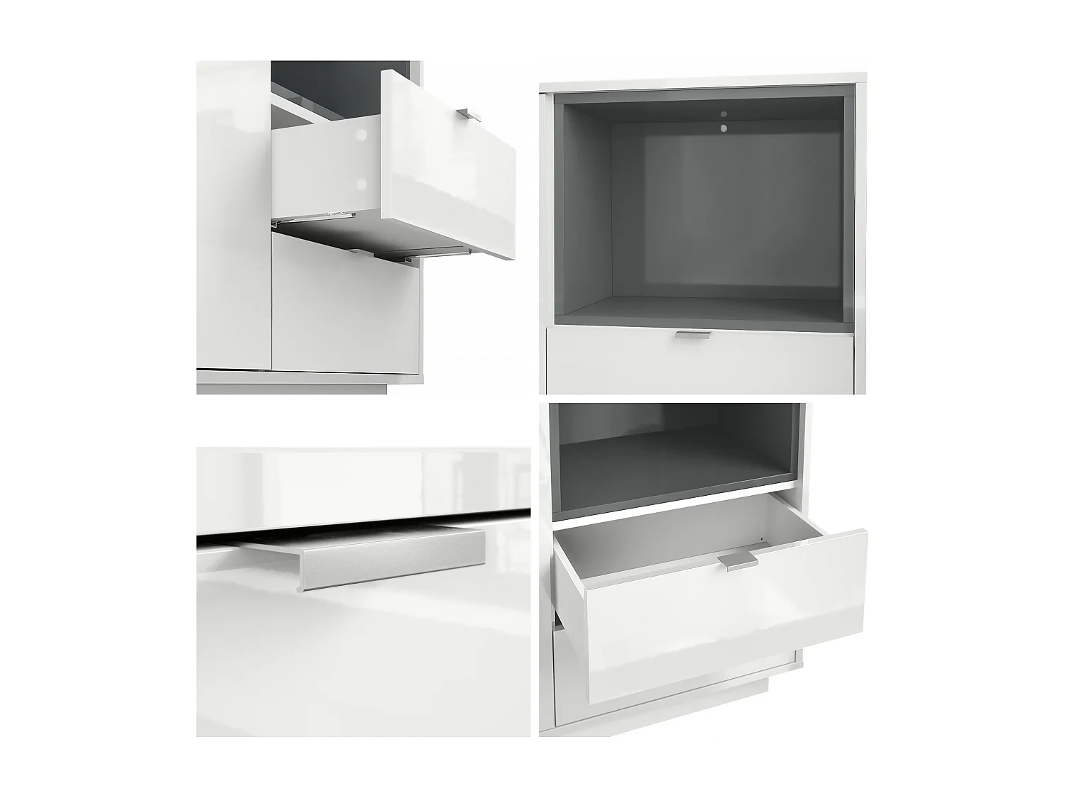 Credenza Metro, struttura in bianco lucido / frontale in bianco lucido con inserto in bordeaux lucido, illuminazione a LED inclusa.