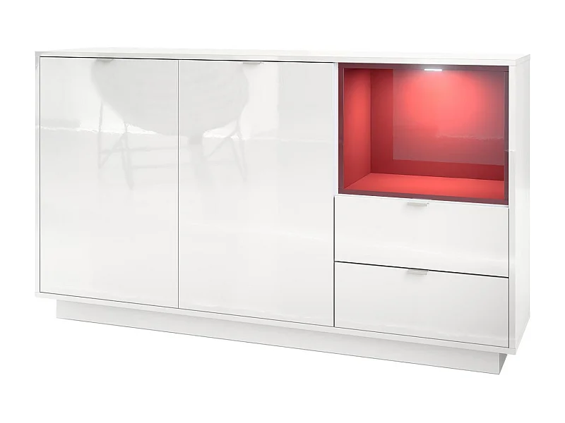 Buffet Armoire Metro, Corps en Blanc haute brillance / Façades en Blanc haute brillance avec une insertion en Bordeaux haute brillance, incl. L'éclairage LED
