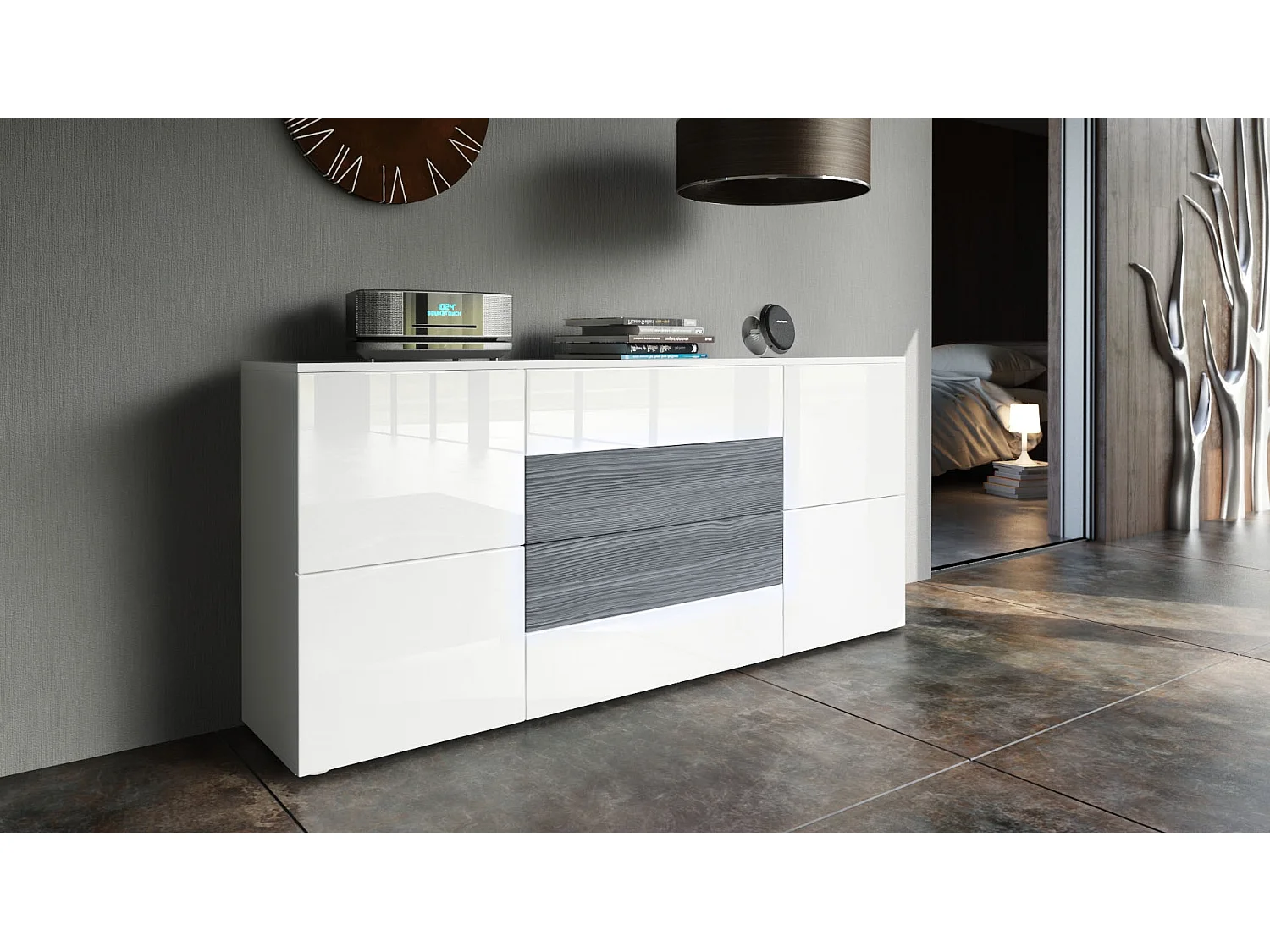 SIDEBOARD Rova Weiß Hochglanz / Avola-Anthrazit