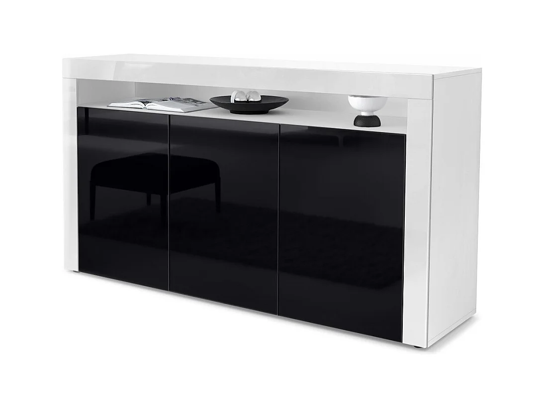 Buffet Valencia, Commode avec 3 portes et 1 compartiment ouvert, Blanc mat/noir haute brillance/blanc haute brillance (155 x 92 x 40 cm)