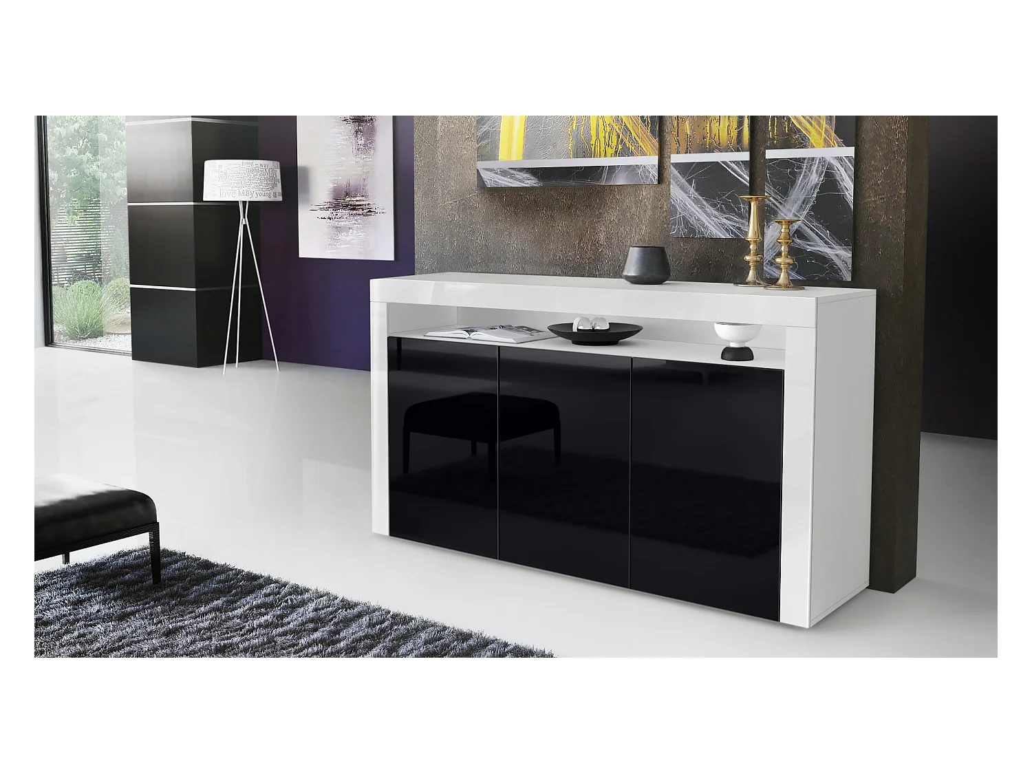 Buffet Valencia, Commode avec 3 portes et 1 compartiment ouvert, Blanc mat/noir haute brillance/blanc haute brillance (155 x 92 x 40 cm)