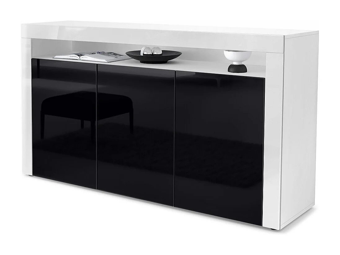 Buffet Valencia, Commode avec 3 portes et 1 compartiment ouvert, Blanc/noir haute brillance (155 x 92 x 40 cm)