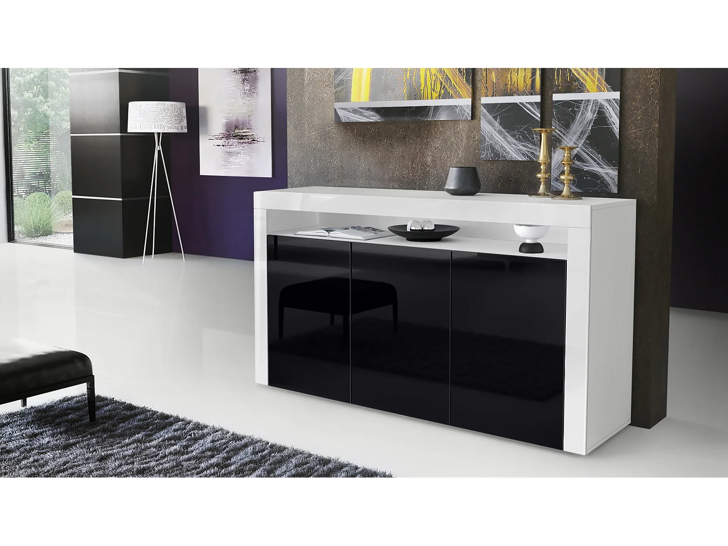Buffet Valencia, Commode avec 3 portes et 1 compartiment ouvert, Blanc/noir haute brillance (155 x 92 x 40 cm)