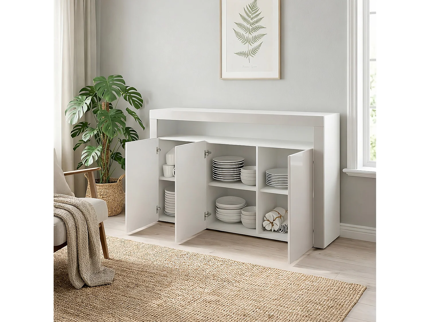 Buffet Valencia, Commode avec 3 portes et 1 compartiment ouvert, Blanc/noir haute brillance (155 x 92 x 40 cm)