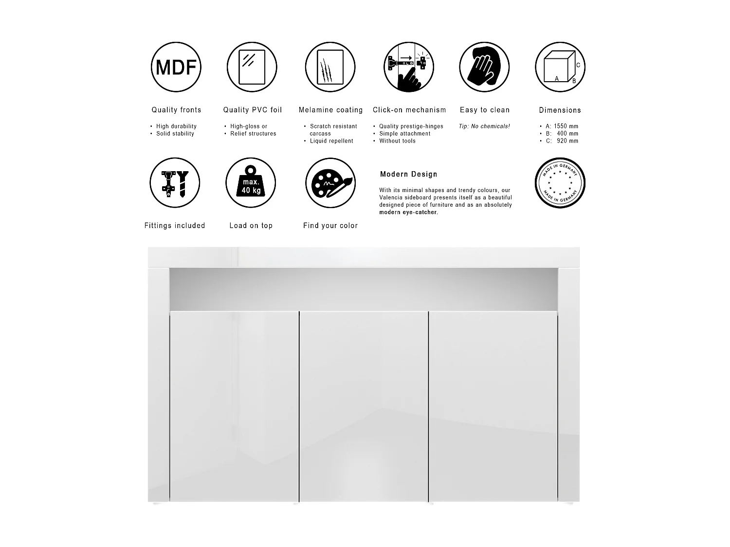 Buffet Valencia, Commode avec 3 portes et 1 compartiment ouvert, Blanc/noir haute brillance (155 x 92 x 40 cm)