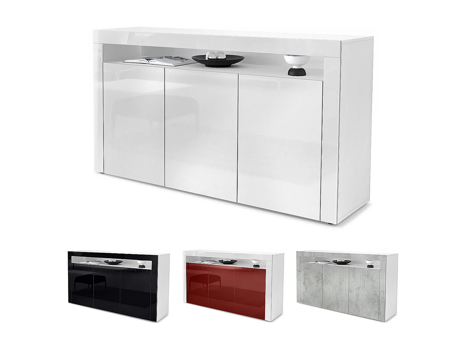 Buffet Valencia, Commode avec 3 portes et 1 compartiment ouvert, Blanc/noir haute brillance (155 x 92 x 40 cm)