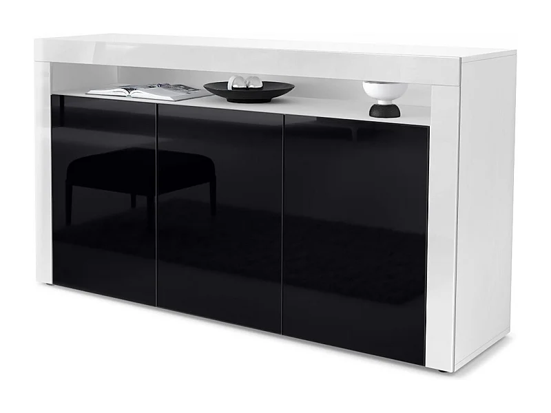 Vladon Cajonera Valencia, Cómoda con 3 Puertas y 1 Compartimento abierto, Blanco mate/negro de alto brillo/blanco de alto brillo (155 x 92 x 40 cm)
