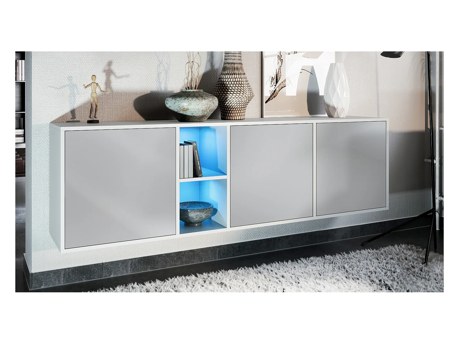 Commode Cuba - blanc mat/gris clair satiné mat y compris LED - Buffet moderne pour votre salon - (LxHxP) 182x53x35 cm