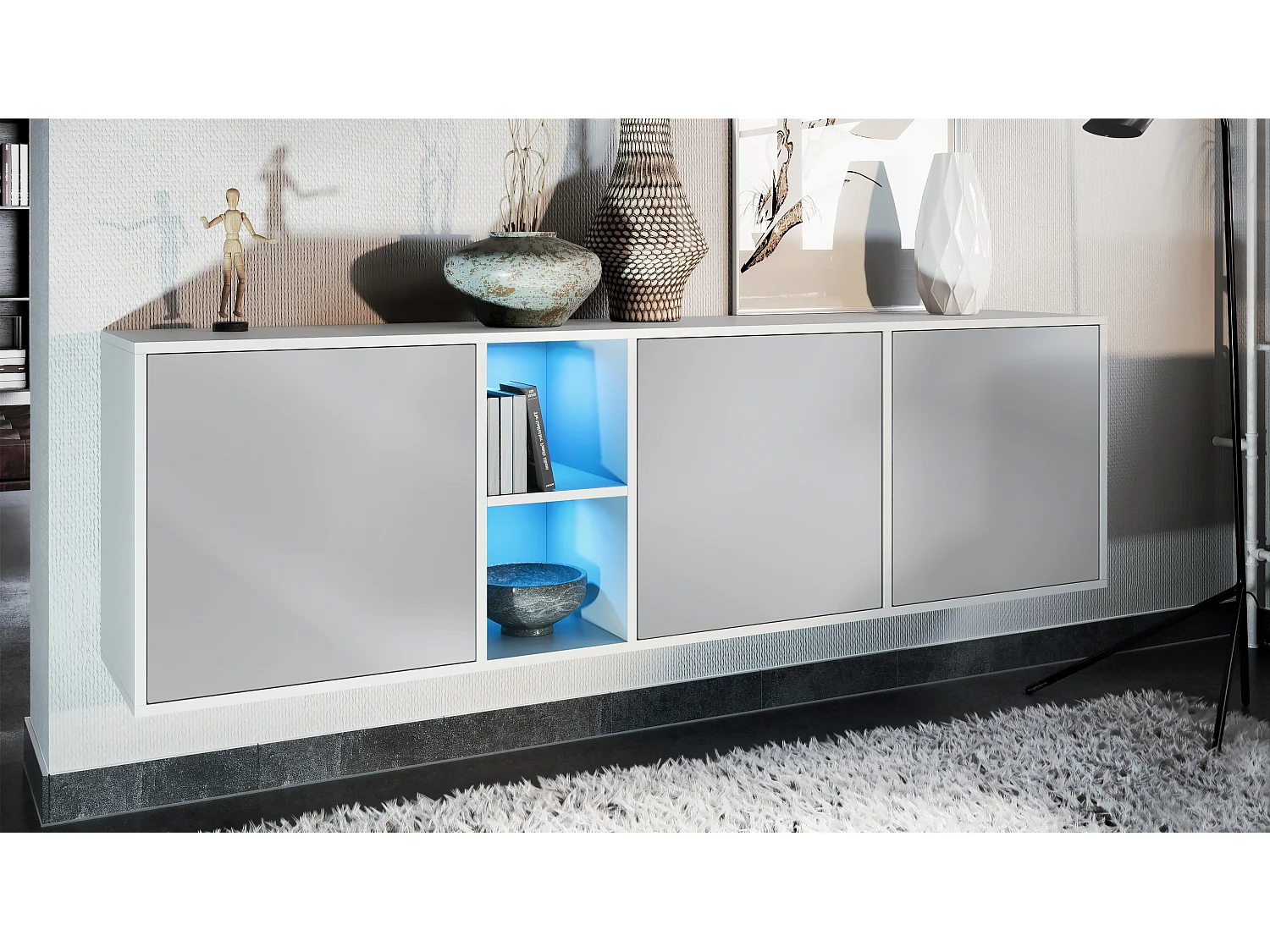 Commode Cuba - blanc mat/gris clair satiné mat y compris LED - Buffet moderne pour votre salon - (LxHxP) 182x53x35 cm