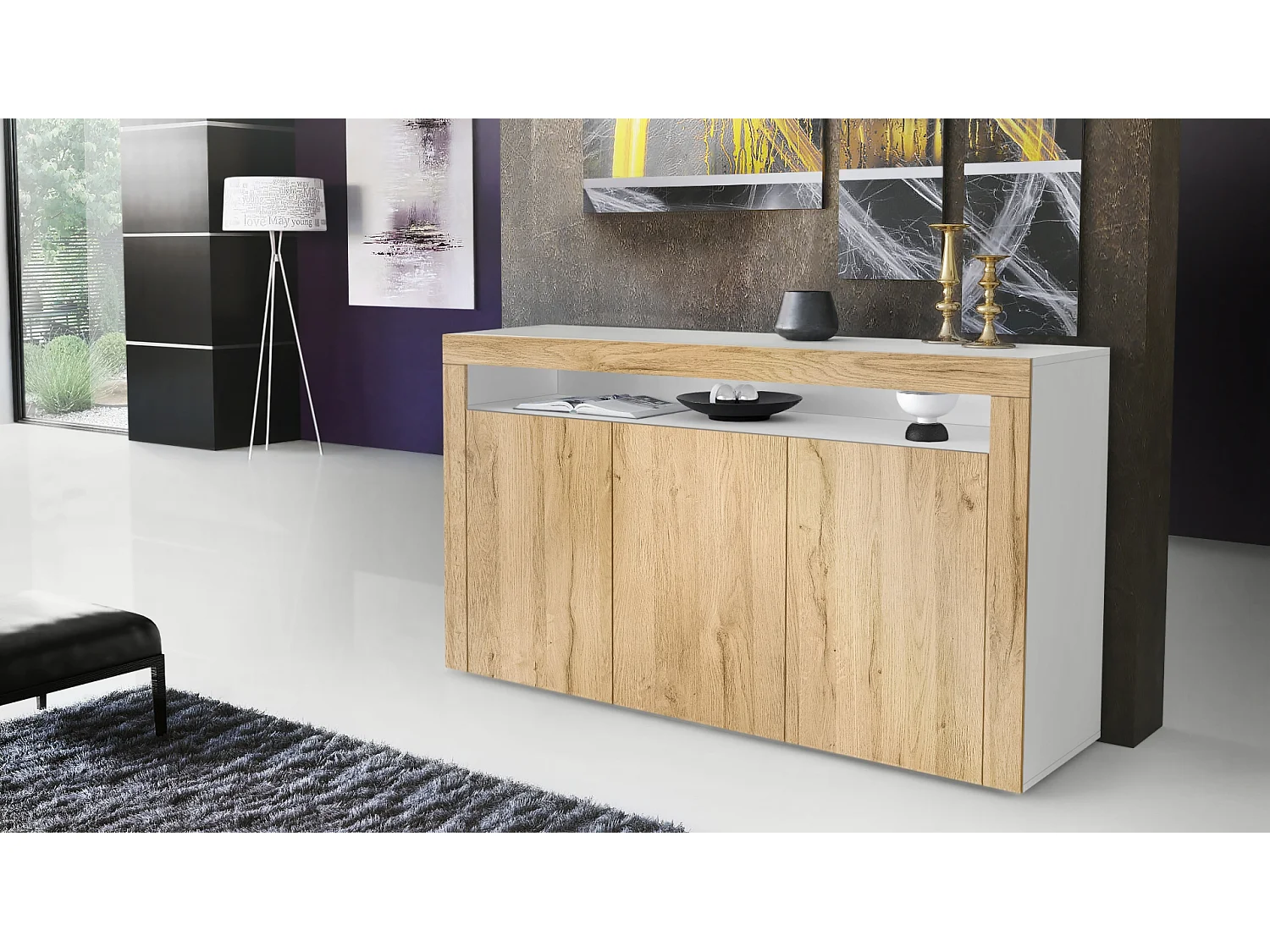 Buffet Valencia, Commode avec 3 portes et 1 compartiment ouvert, Blanc mat/chêne nature/chêne nature (155 x 92 x 40 cm)