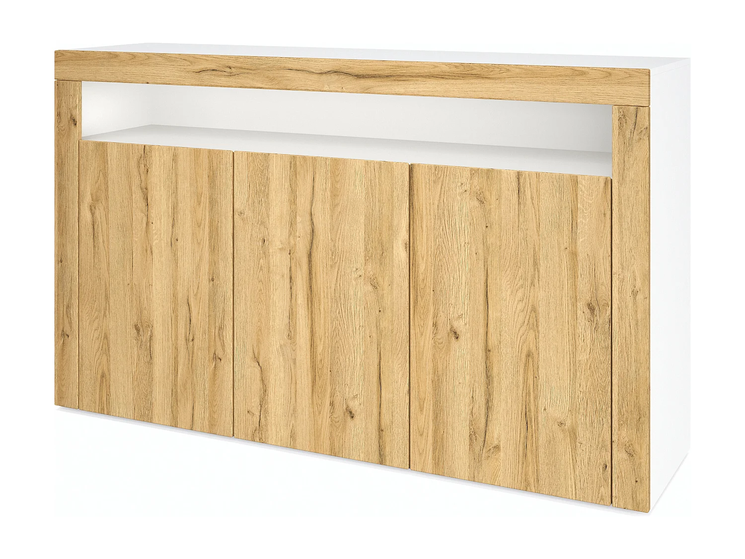 Madia  Valencia, mobile a 3 ante e 1 scomparto aperto, bianco opaco/rovere naturale/rovere naturale (155 x 92 x 40 cm)