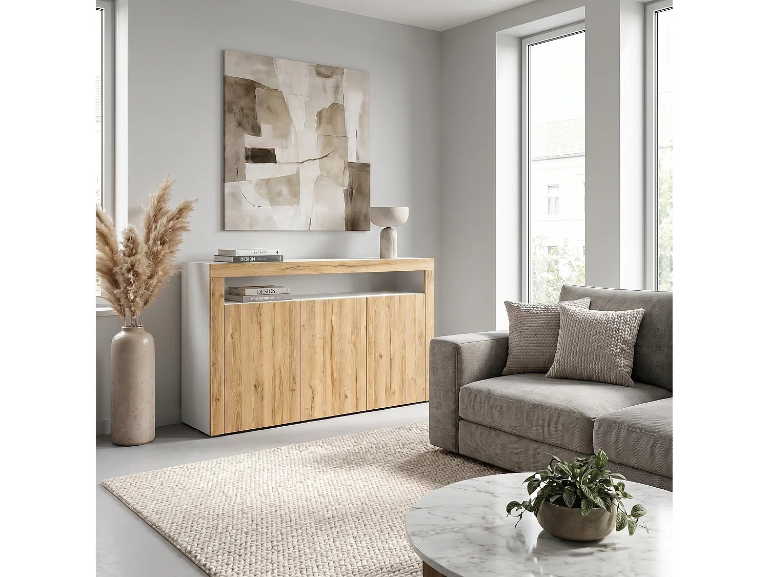 Madia  Valencia, mobile a 3 ante e 1 scomparto aperto, bianco opaco/rovere naturale/rovere naturale (155 x 92 x 40 cm)
