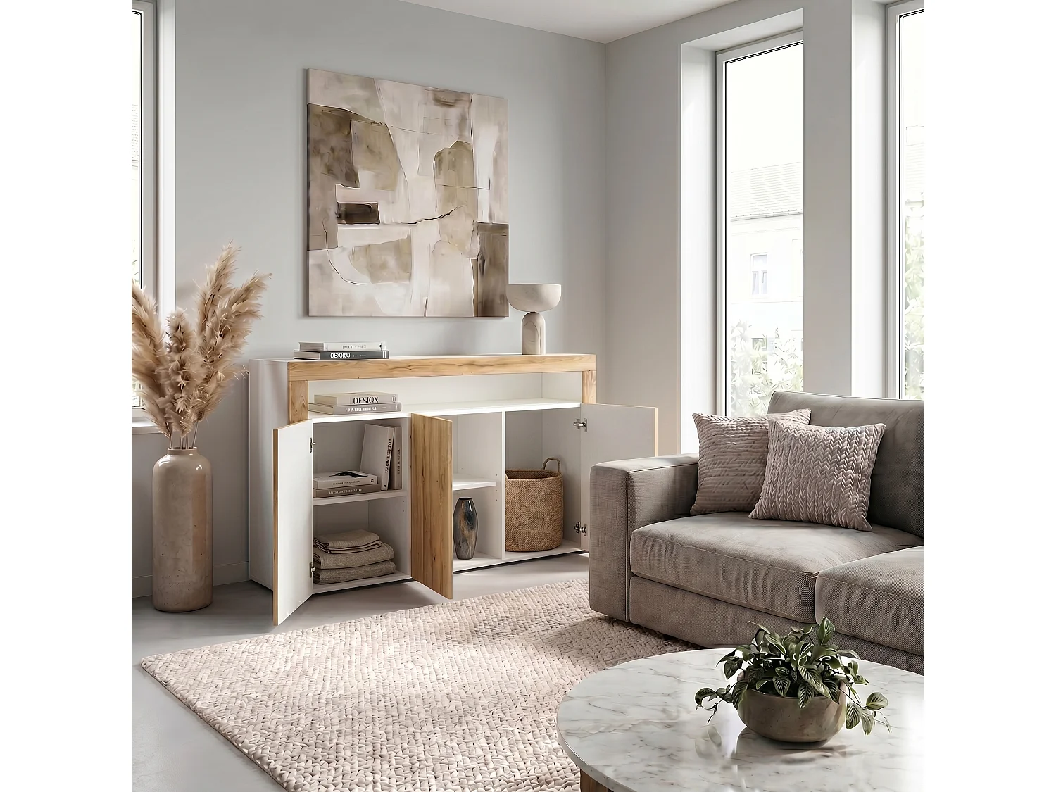 Madia  Valencia, mobile a 3 ante e 1 scomparto aperto, bianco opaco/rovere naturale/rovere naturale (155 x 92 x 40 cm)