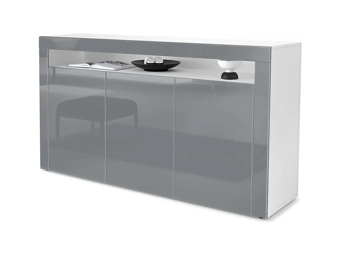 Buffet Valencia, Commode avec 3 portes et 1 compartiment ouvert, Blanc mat/gris haute brillance/gris haute brillance (155 x 92 x 40 cm)