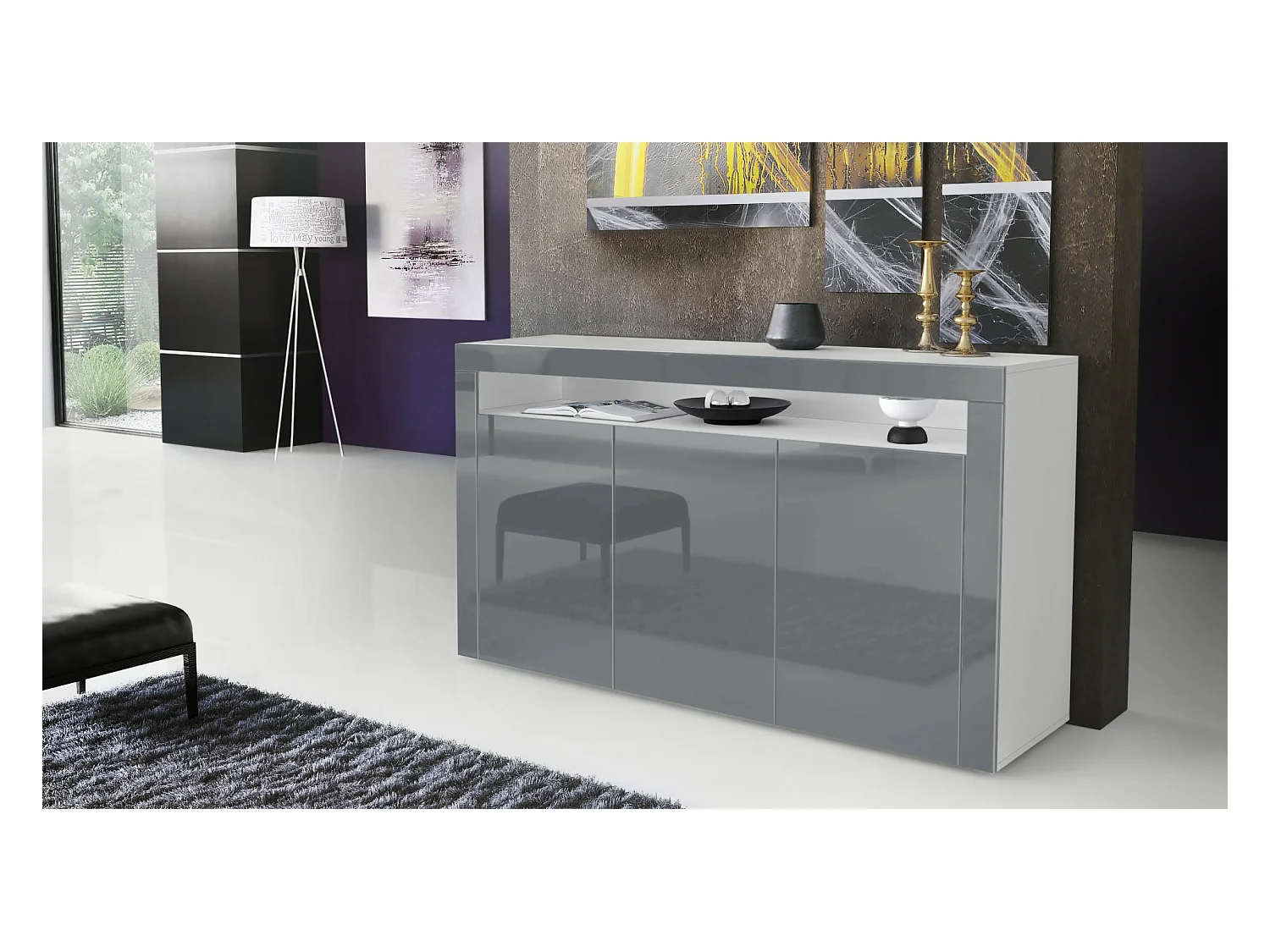 Buffet Valencia, Commode avec 3 portes et 1 compartiment ouvert, Blanc mat/gris haute brillance/gris haute brillance (155 x 92 x 40 cm)