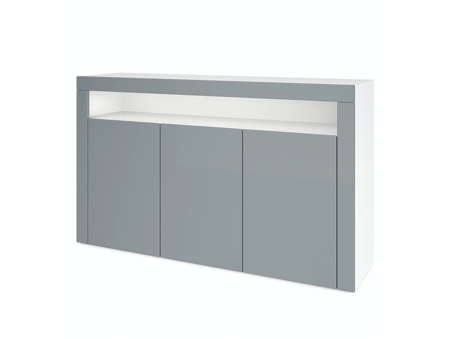 Buffet Valencia, Commode avec 3 portes et 1 compartiment ouvert, Blanc mat/gris haute brillance/gris haute brillance (155 x 92 x 40 cm)