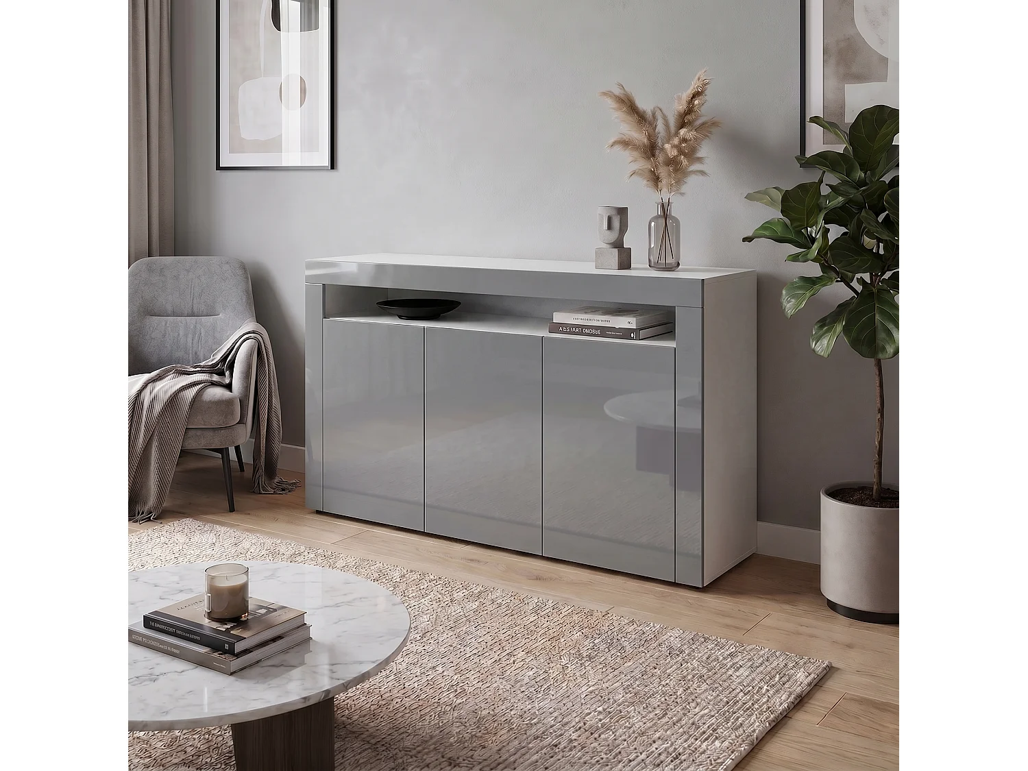 Buffet Valencia, Commode avec 3 portes et 1 compartiment ouvert, Blanc mat/gris haute brillance/gris haute brillance (155 x 92 x 40 cm)