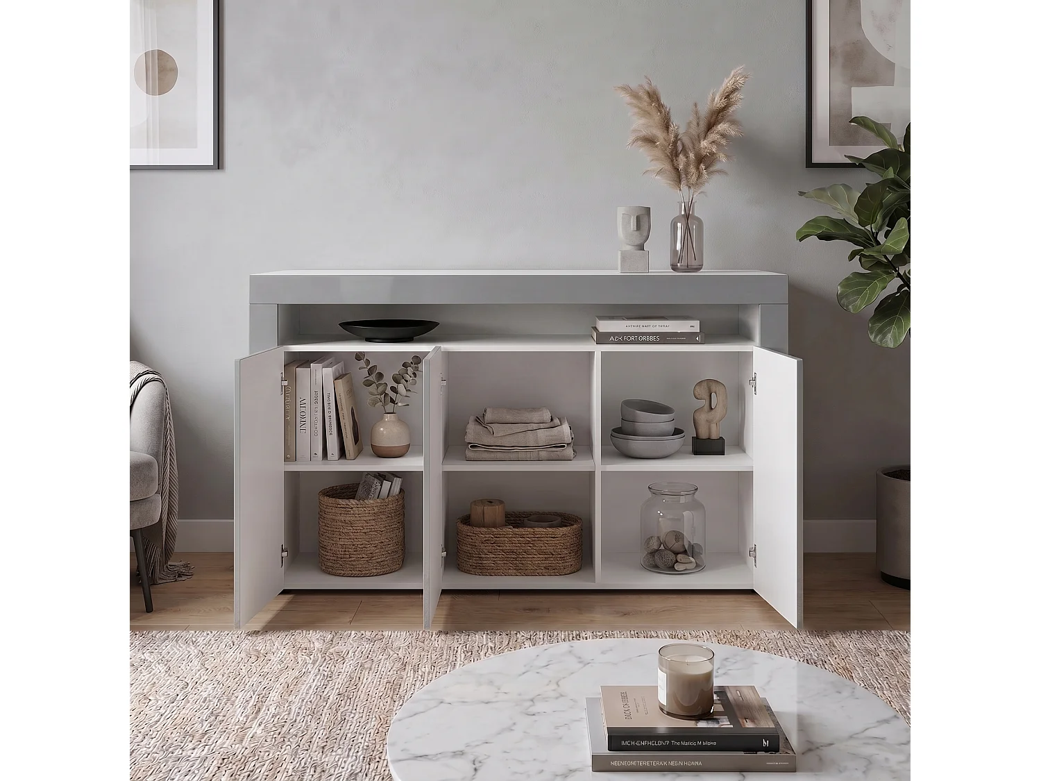Buffet Valencia, Commode avec 3 portes et 1 compartiment ouvert, Blanc mat/gris haute brillance/gris haute brillance (155 x 92 x 40 cm)