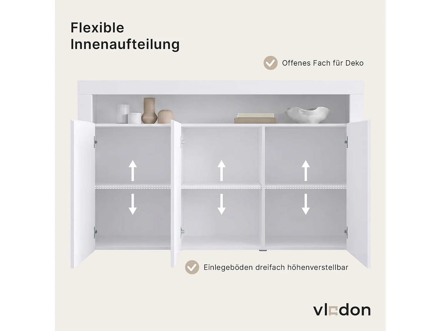 Buffet Valencia, Commode avec 3 portes et 1 compartiment ouvert, Blanc mat/gris haute brillance/gris haute brillance (155 x 92 x 40 cm)